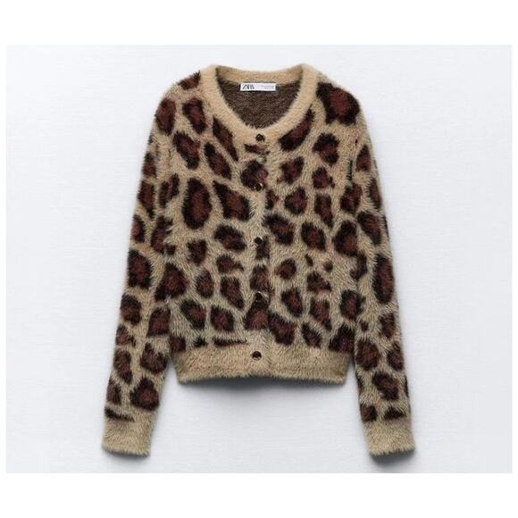 Zara Faux Fur Animal Print Jacquard Knit Cardigan Women’s Size S - Picture 7 of 12